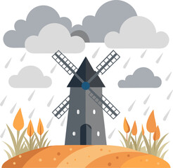 Windmill in soft rain, gray sky, puddles forming near wheat field, dramatic clouds , white background