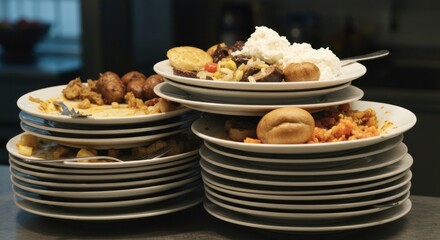 A stack of dirty dishes overflowing with uneaten food