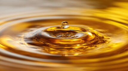 Close-up of golden liquid water droplet splash with ripples and reflection