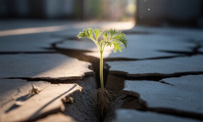 A small, vibrant sprout bursts through cracked concrete floor. Sunlight highlights the plant's resilience