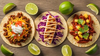 Delicious variety of gourmet tacos featuring beef fish and vegetarian options served on wooden table