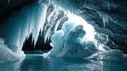 Ice cave featuring blue glacial formations and icicles in darkness - Powered by Adobe