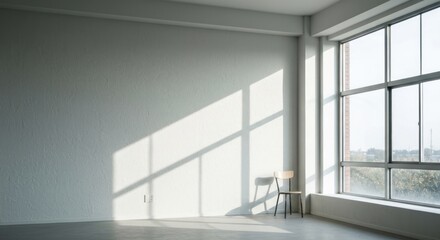 A sunlit, empty room with a single chair and large window