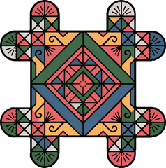 Colorful folk mosaic vector pattern with geometric shapes and intricate symmetrical motifs on a dark background