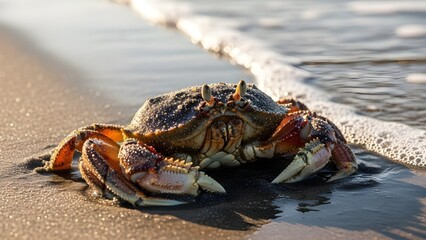 A close-up of a crab covered in sand standing on a wet sandy beach as gentle ocean waves wash up behind it in warm natural light.