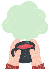 冬のカフェ　コーヒー（ラテ）を持つ手