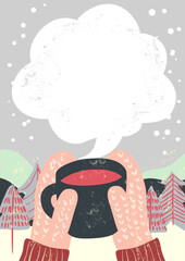 冬のカフェ　コーヒー（ラテ）を持つ手