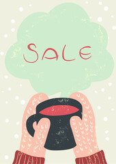 冬のカフェ　コーヒー（ラテ）を持つ手