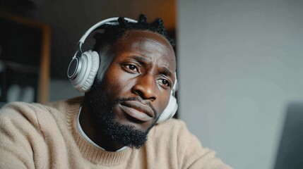 Thoughtful Afroamerican man wearing headphones working on laptop indoors