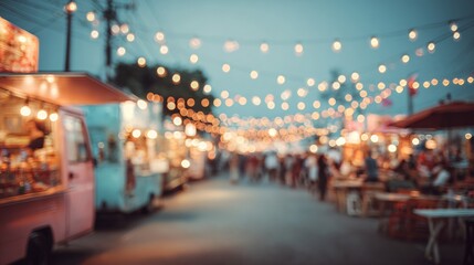 Blurred outdoor night market featuring string lights and food trucks