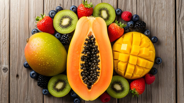 Arrangement of fresh fruits including papaya, mango, kiwi, strawberries, and blueberries.