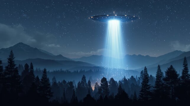 Sci-Fi Illustration: Large Spaceship Hovering Over Forest at Night