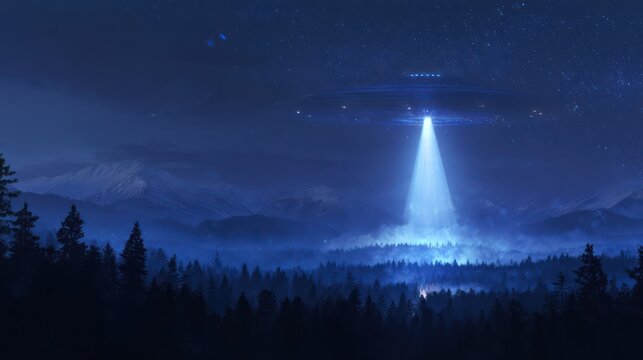 Unidentified Flying Object Shining Intense Light Down on Mountain Forest - Powered by Adobe
