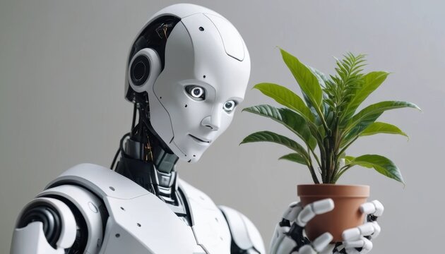 Robot holding a potted plant in a modern indoor environment Generative AI