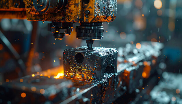 Metalwork precision in the workshop: Close-up of industrial cutting machine, sparks flying as it meticulously shapes a metal block, revealing the raw power and artistry of the manufacturing process.