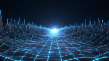 Glowing blue wireframe grid tunnel receding towards bright light source - Powered by Adobe