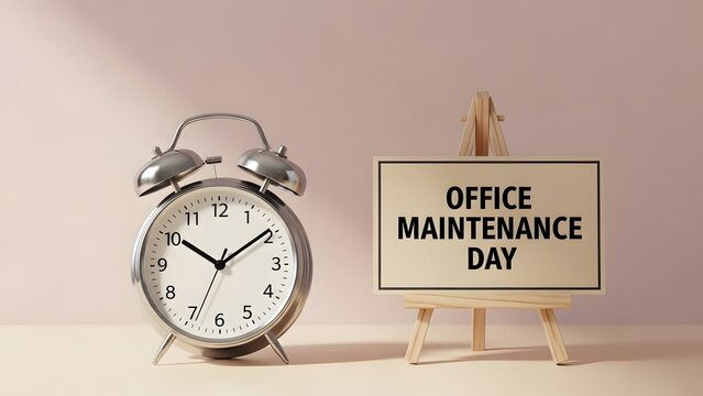 Reminder for office maintenance day with classic alarm clock, great for planning workplace improvements or facility upkeep projects, boosting productivity