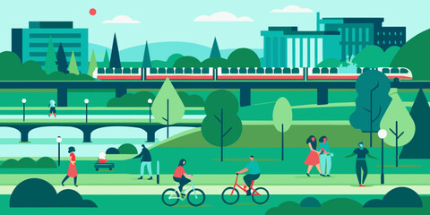 City park scene with people train and buildings in flat vector style © Delip