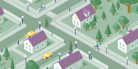 Isometric view of a suburban neighborhood with houses cars and cyclists