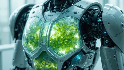 Futuristic robot design with glowing green hexagons and advanced AI technology