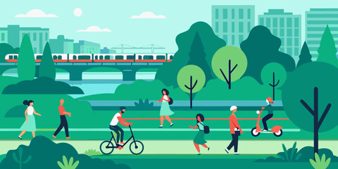 People enjoying a day in the park with cityscape and train