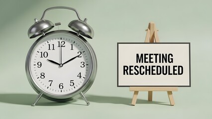 Meeting rescheduled announcement with classic alarm clock for time management concepts and schedule changes, perfect for business and productivity marketing
