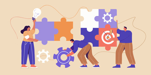 Teamwork and collaboration concept with people assembling puzzle pieces together