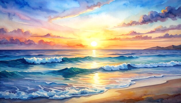 Watercolor painting of ocean waves rolling onto beach at sunset with warm light and colorful clouds
