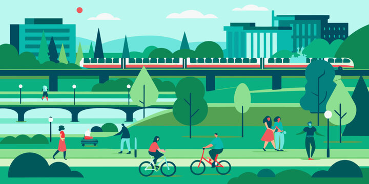 City park scene with people train and buildings in flat vector style