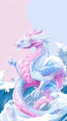 Obraz premium Serene Dragon in a Pastel Dream: A majestic dragon, painted in soft pastel hues, drifts peacefully amidst ethereal waves and skies, evoking a sense of calm and fantastical beauty.