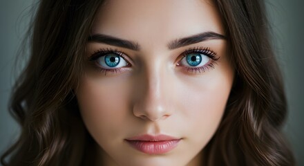 Obraz premium Close-up of a fair-skinned woman with striking blue eyes and wavy brown hair