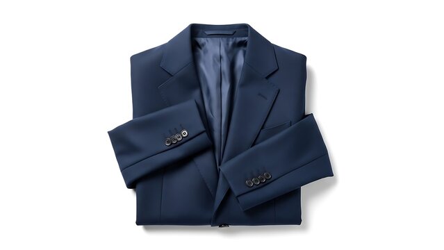 A folded dark blue wool blazer with a satin lapel isolated on white background