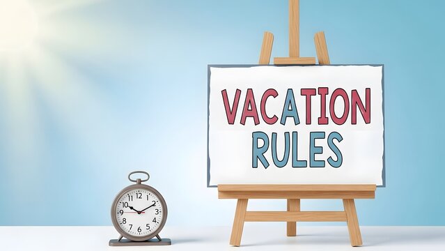 Escape the everyday with vacation rules displayed on a charming easel beside a vintage clock, hinting at relaxation and a structured break from routine