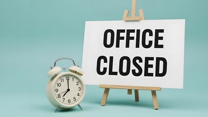 Office closed announcement with vintage clock on a blue background, conveying a message of downtime, break, holiday, or end of business hours