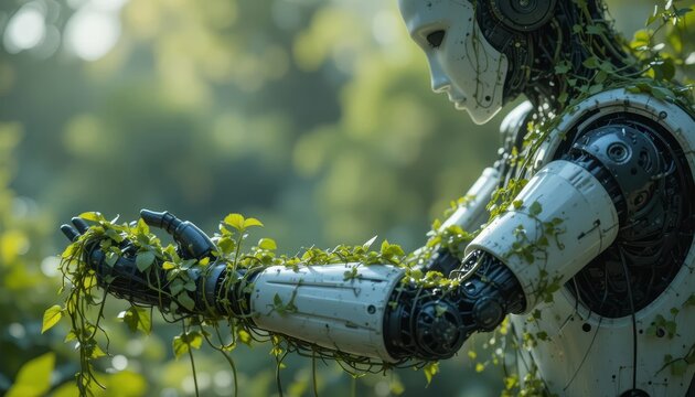 Robot tending to plants in a lush green environment during daylight Generative AI