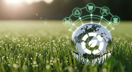 Sustainable world globe with recycling icons, green energy future focus
