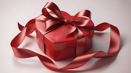 A beautiful red heart-shaped gift box tied with a matching satin ribbon and bow on a white surface.