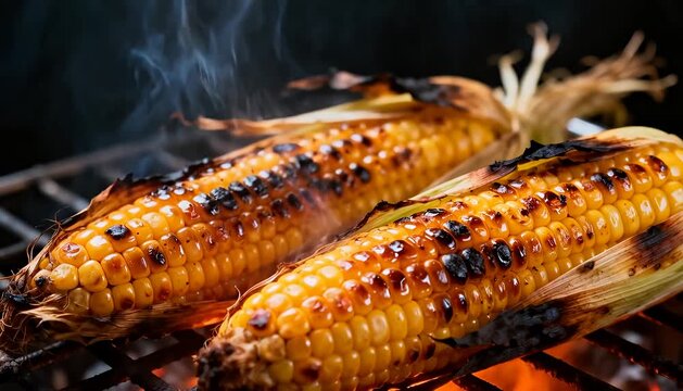 Grilling corn on the cob sweet kernels char marks steam rising from grill
