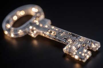 Futuristic Glowing Circuit Board Key on Dark Background