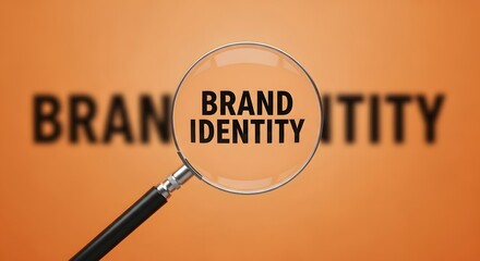 Uncover your brand identity with strategic planning and market research using a magnifying glass on orange background, boost your brand's impact today