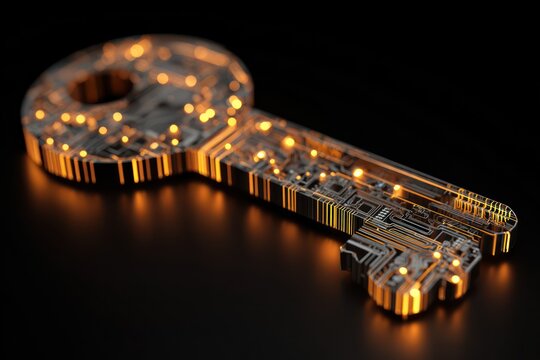 Digital Key Made of Glowing Circuit Board on Black Background - Powered by Adobe