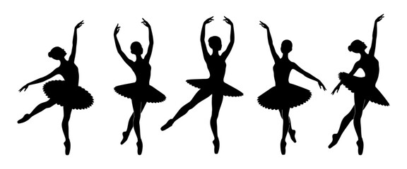 Five elegant ballet dancer silhouettes in graceful poses performing classical dance, illustrating artistic movement, performance, and skill.