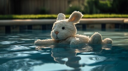 A nostalgic childhood plush bunny floating in a backyard pool