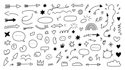 Hand drawn doodle element collection with various arrows, speech bubbles, stars, hearts, squiggles, and decorative shapes for creative design.