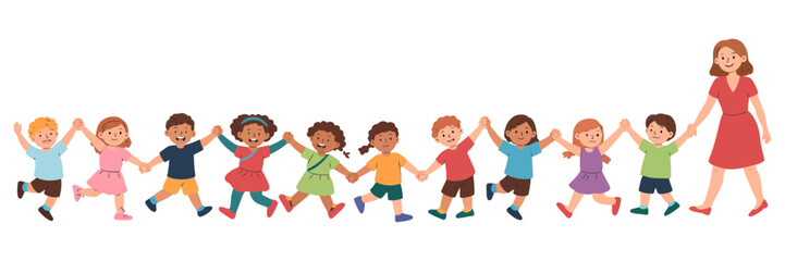 Group of diverse multi-ethnic children holding hands and walking together with their female teacher, illustrating unity, friendship, and early childhood education.