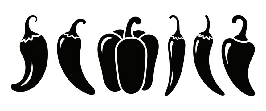 Assortment of various hot chili peppers and a sweet bell pepper in minimalist silhouette vector illustration, ideal for culinary and spicy food themes.