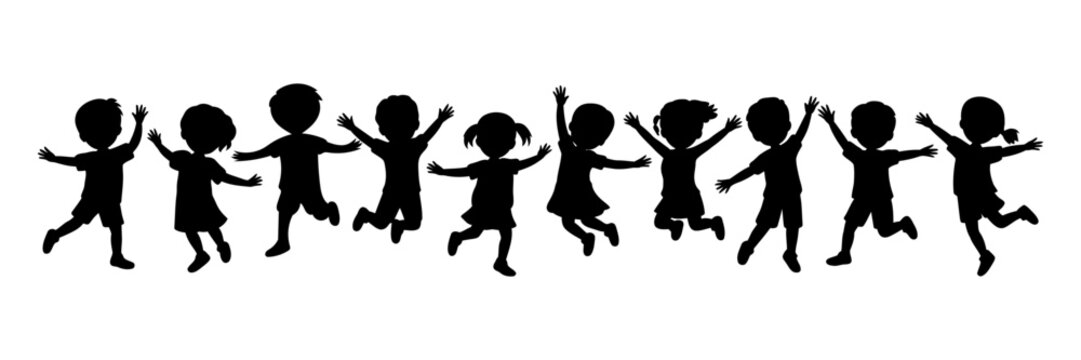 Group of diverse joyful children silhouettes jumping with arms raised, celebrating freedom, energy, and happiness, depicting playfulness and childhood fun