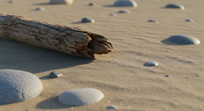 Close-up of a sunlit beach scene with weathered driftwood and smooth, scattered stones - Powered by Adobe