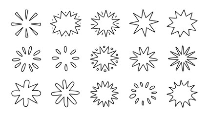 Hand-drawn starburst and sparkle shapes vector set, perfect for adding visual emphasis and dynamic flair to graphic designs and digital media projects.