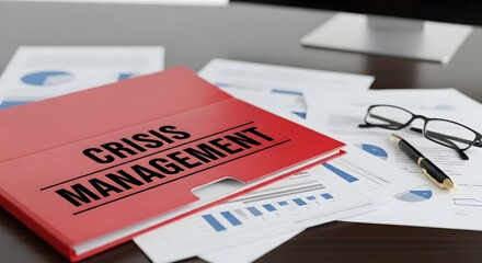 Address potential crisis with data-driven strategies in red folder, glasses, and pen on desk, essential for risk assessment and proactive planning today
